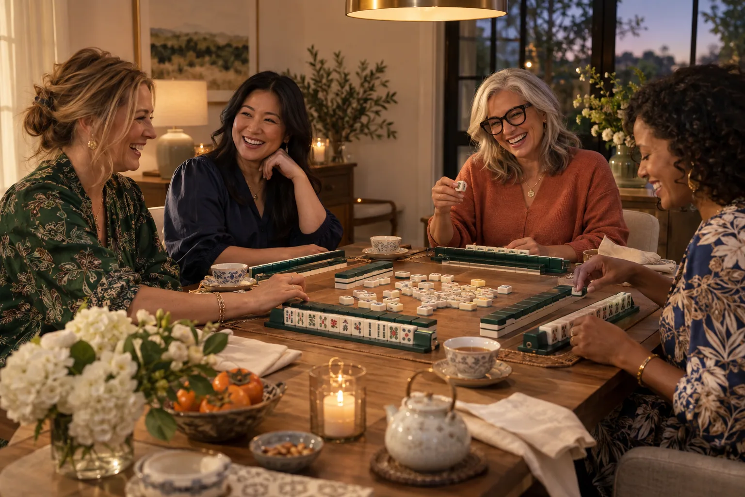 Friends enjoying an evening American Mahjong game